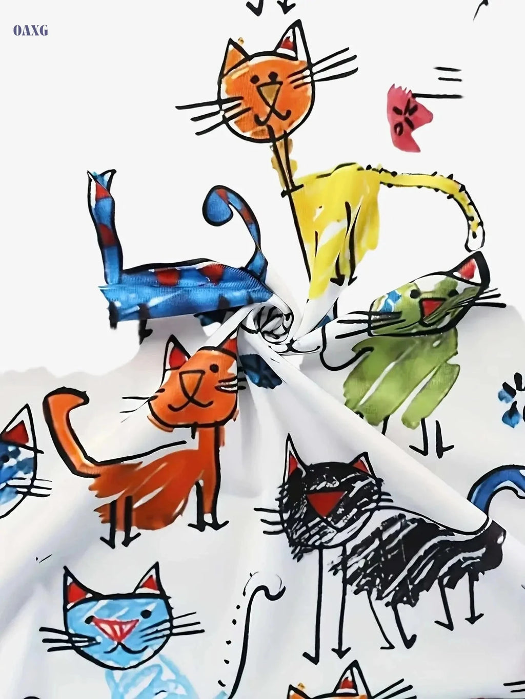 Women's Colorful Cat Art Wide-Leg Pants - Casual & High-Waisted   OAXG 
