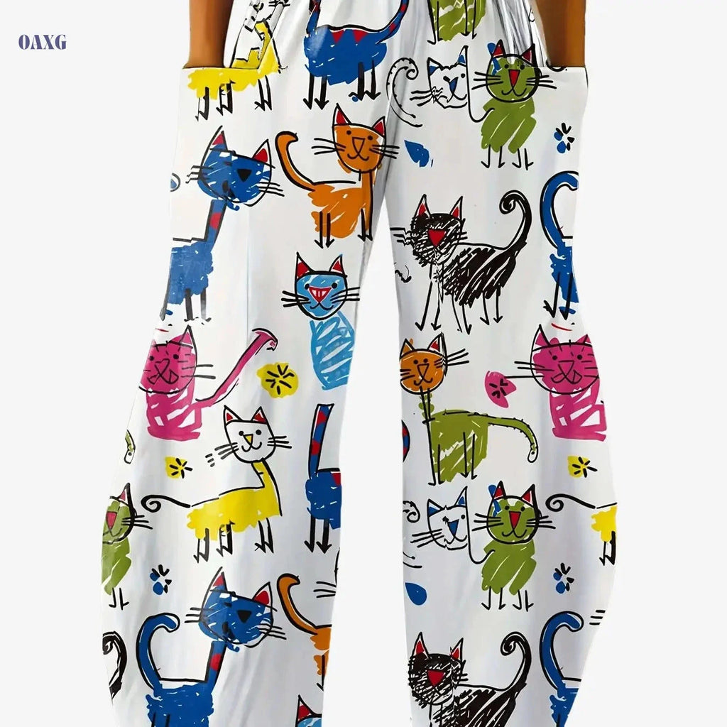 Women's Colorful Cat Art Wide-Leg Pants - Casual & High-Waisted   OAXG 