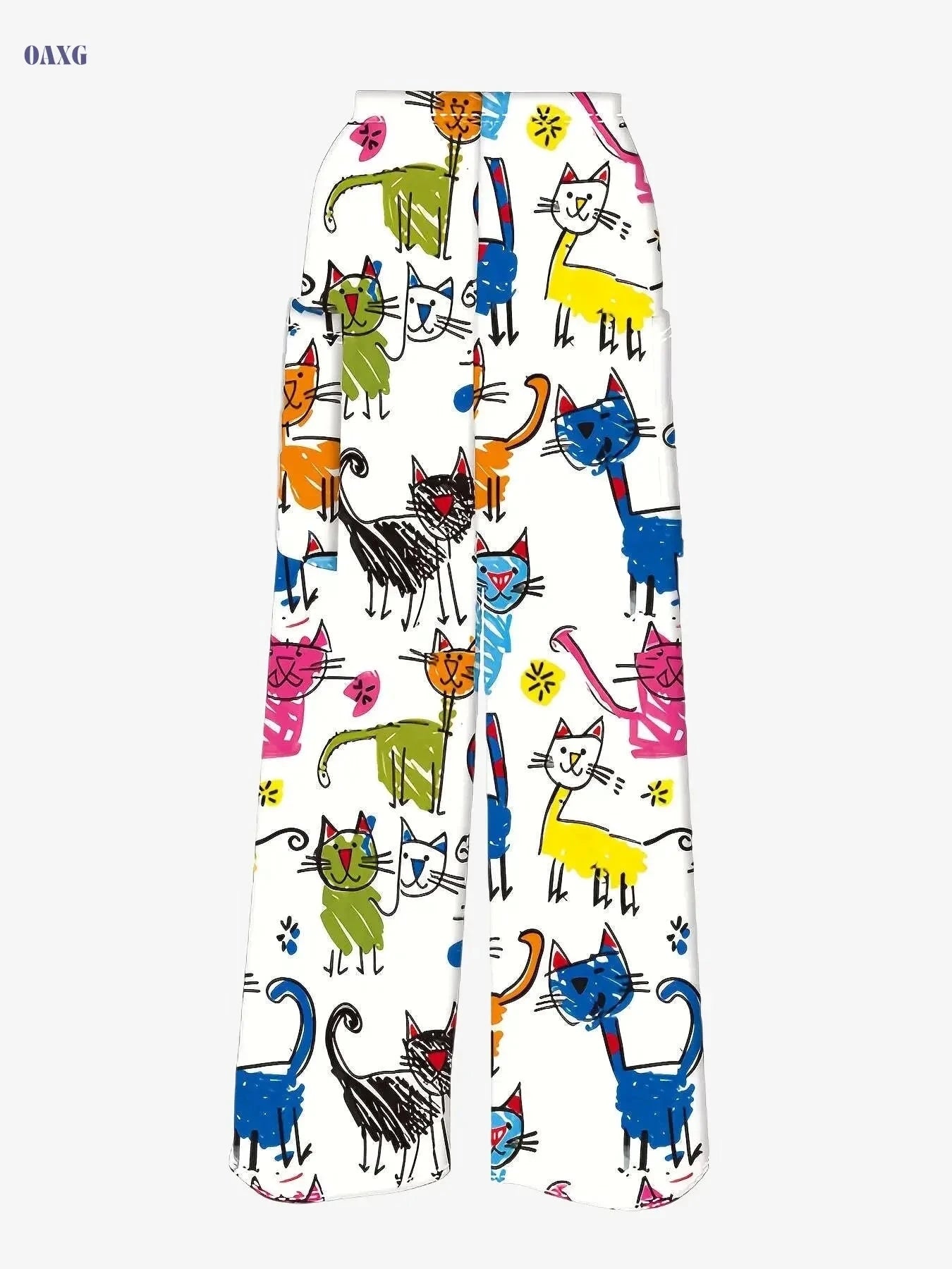 Women's Colorful Cat Art Wide-Leg Pants - Casual & High-Waisted   OAXG White / S