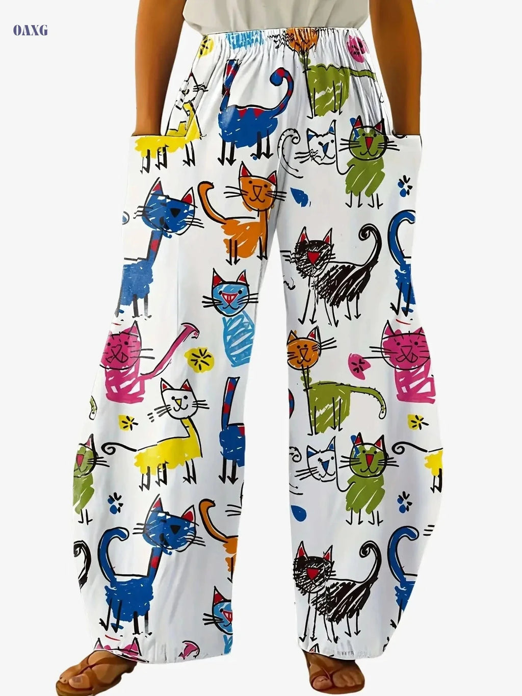 Women's Colorful Cat Art Wide-Leg Pants - Casual & High-Waisted   OAXG White / S