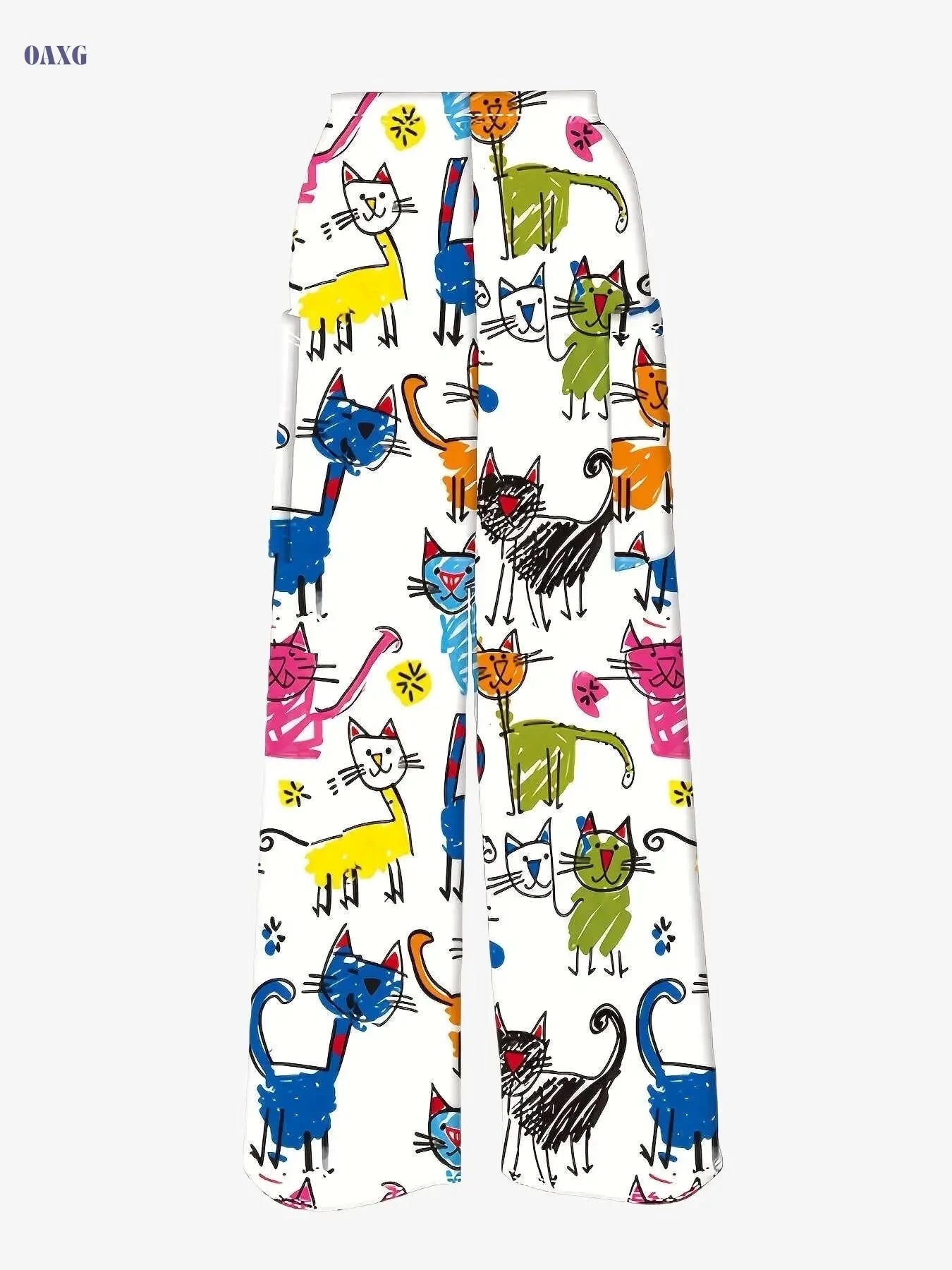 Women's Colorful Cat Art Wide-Leg Pants - Casual & High-Waisted   OAXG White / S