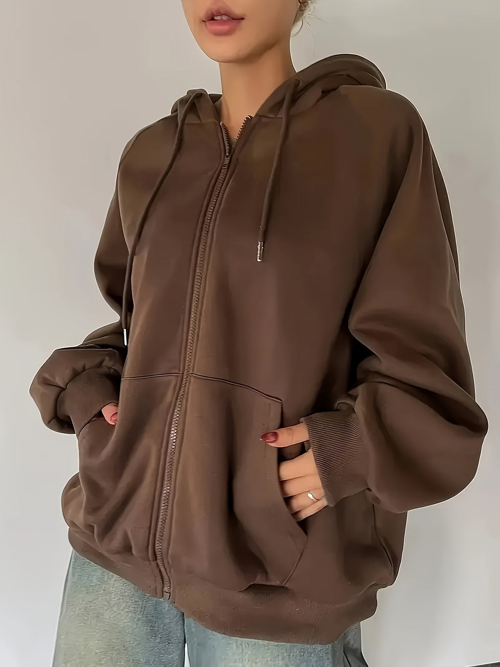 Women'S Comfort Fleece Lined Hoodie - Solid Color Long Sleeve with Kangaroo Pocket, Autumn And Winter Casual Pullover   OAXG Coffee Brown / S