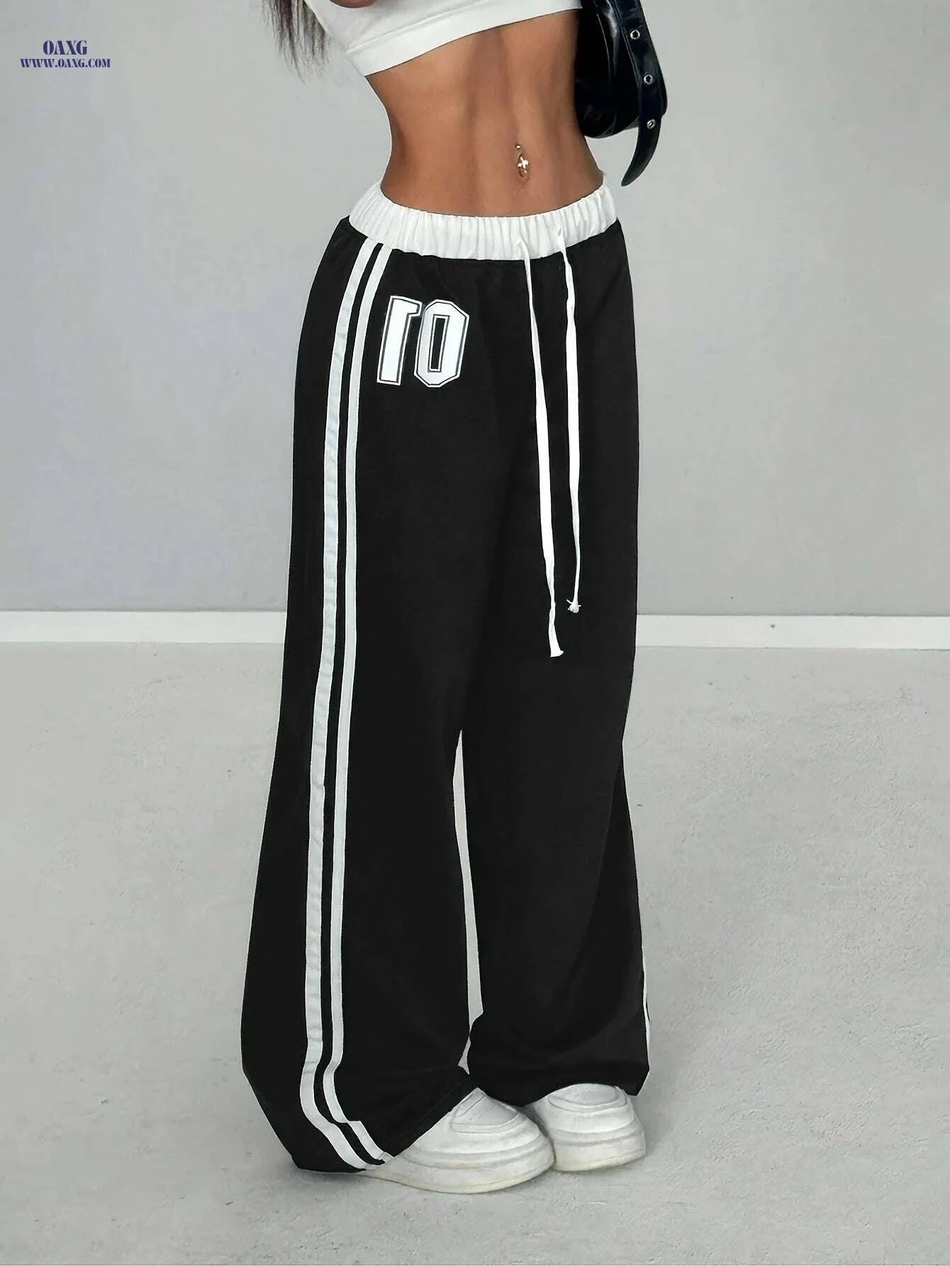 Women's Comfortable Black Joggers - High-Waisted, Loose Fit, Drawstring   OAXG Navy Blue / XS