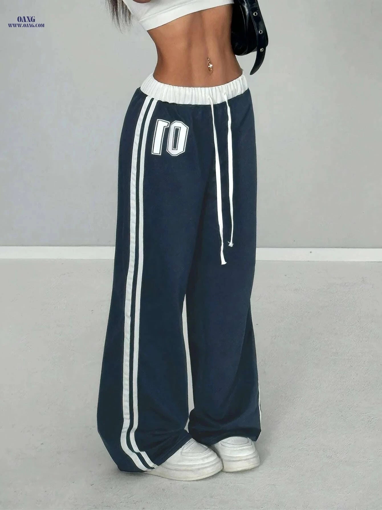 Women's Comfortable Black Joggers - High-Waisted, Loose Fit, Drawstring   OAXG Navy Blue / XS
