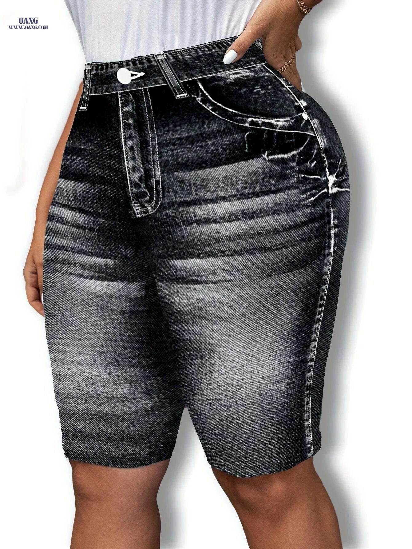Women's Comfortable Stretchy Denim Shorts - Black & White Washed Style   OAXG 