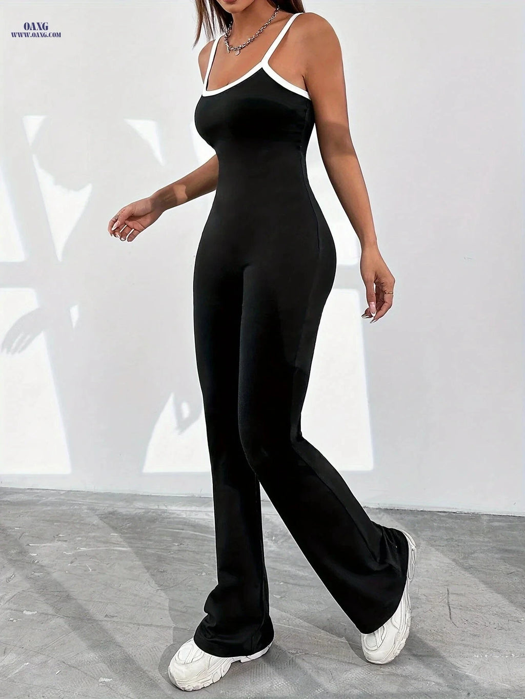 Women's Contrast Trim Spaghetti Strap Jumpsuit - Casual Flare Leg Style   OAXG Black / XS