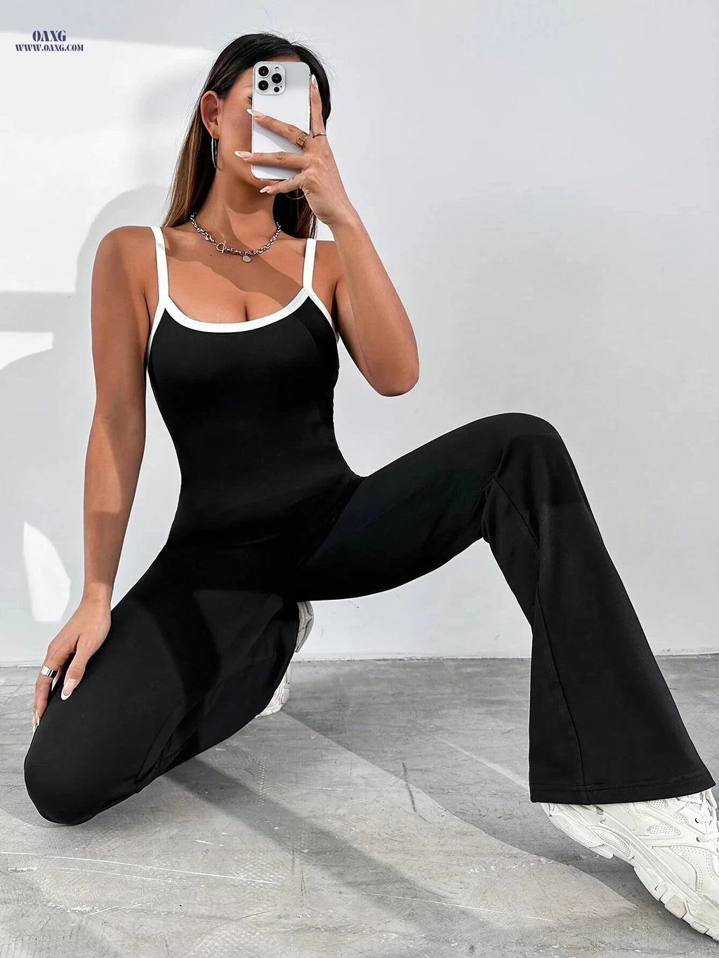 Women's Contrast Trim Spaghetti Strap Jumpsuit - Casual Flare Leg Style   OAXG Black / XS