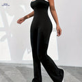 Women's Contrast Trim Spaghetti Strap Jumpsuit - Casual Flare Leg Style   OAXG Black / XS