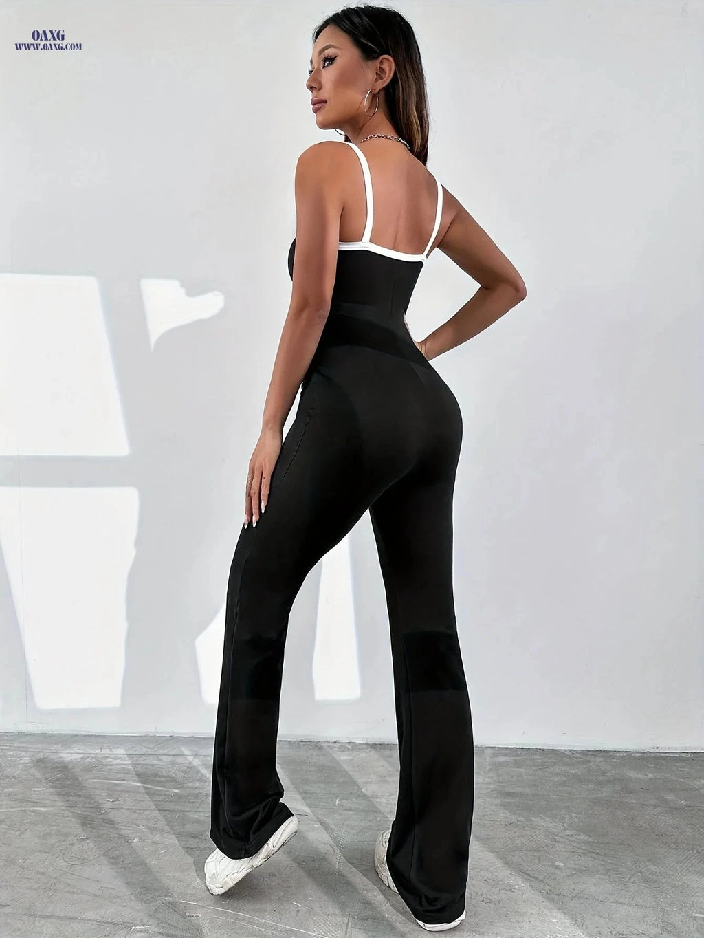 Women's Contrast Trim Spaghetti Strap Jumpsuit - Casual Flare Leg Style   OAXG Black / XS