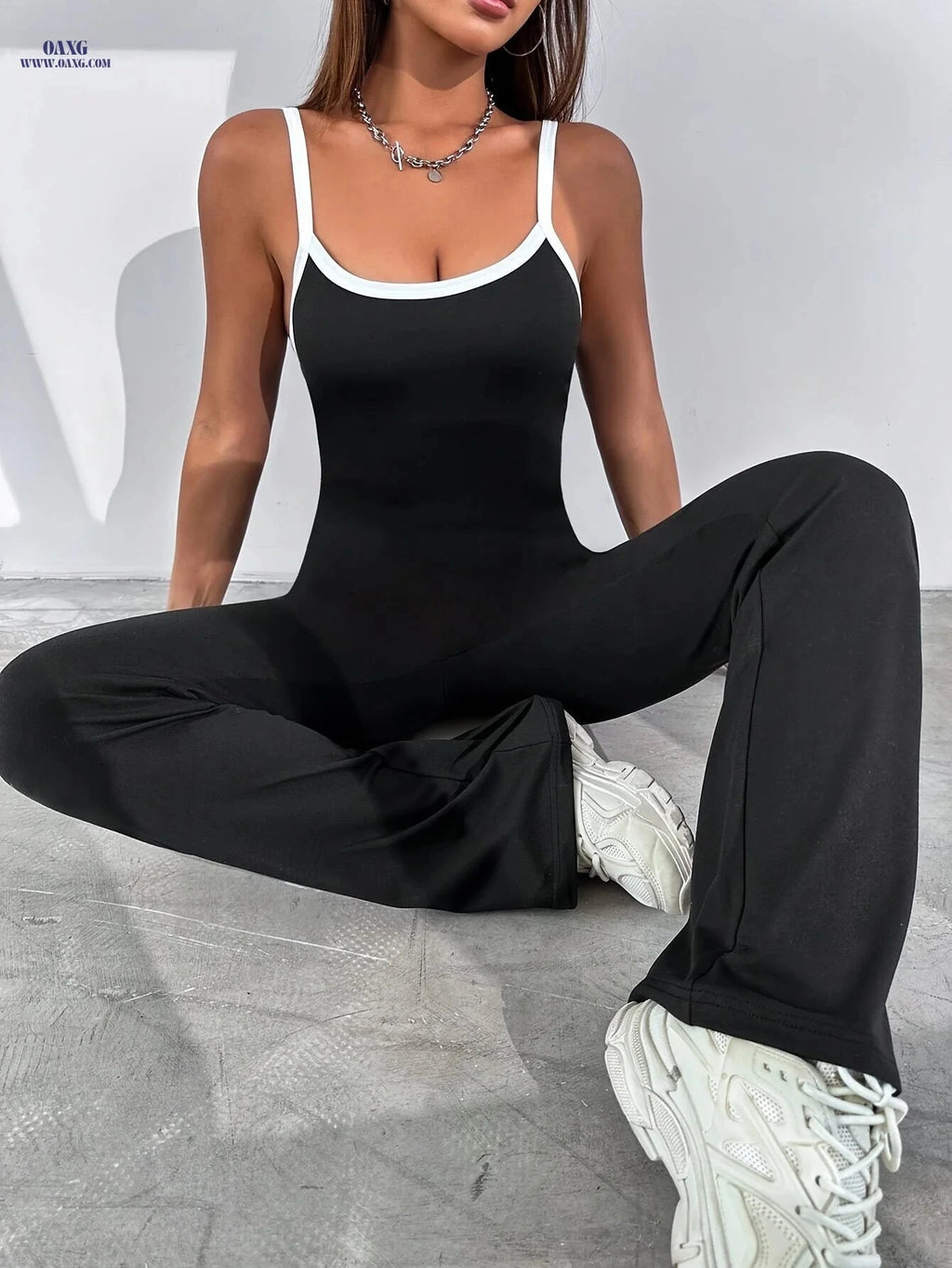 Women's Contrast Trim Spaghetti Strap Jumpsuit - Casual Flare Leg Style   OAXG Black / XS