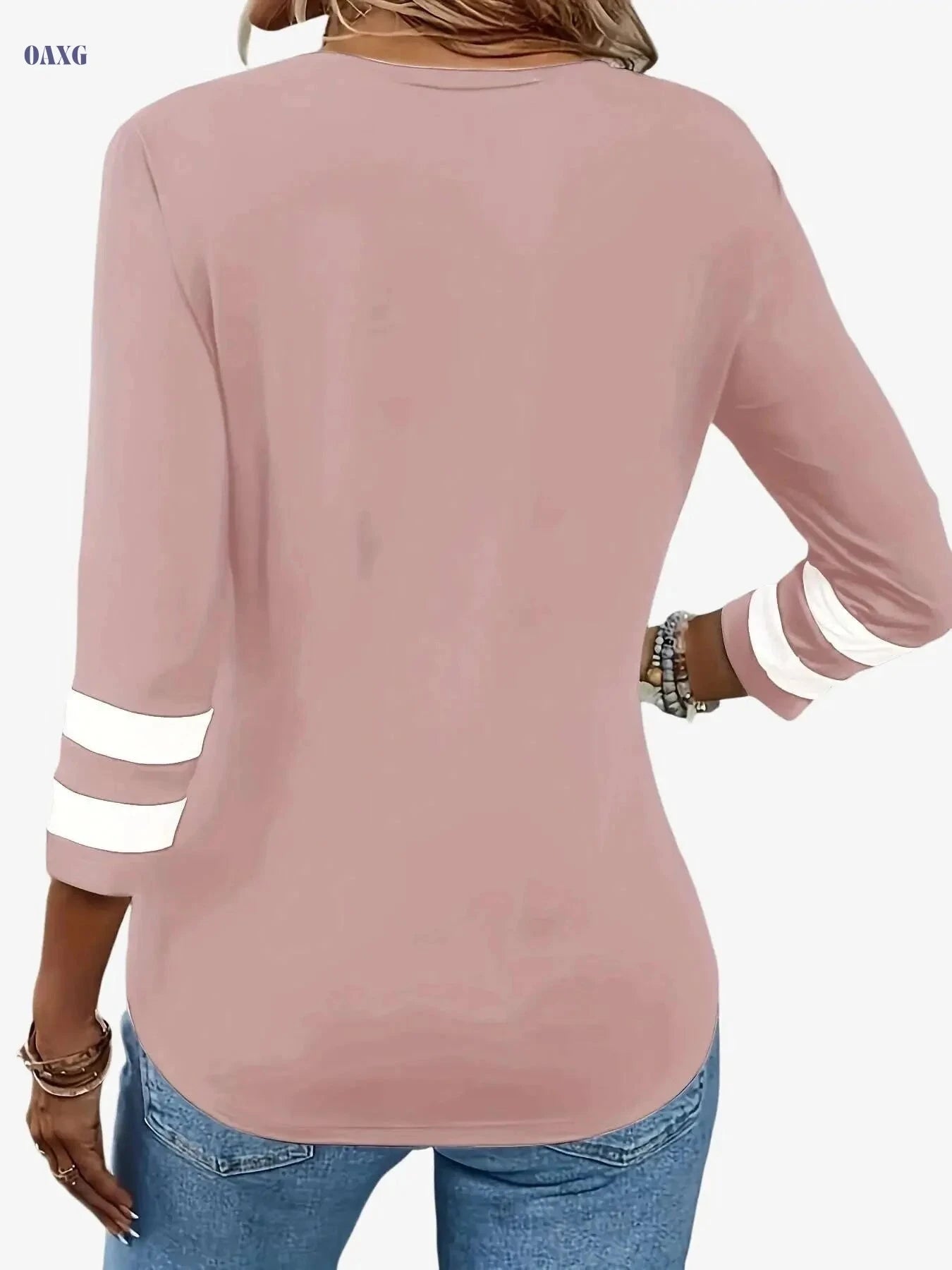 Women’s Contrast Trim V Neck Tee - 3/4 Sleeve Casual Top   OAXG Black / S