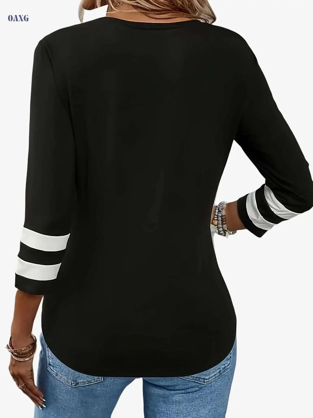 Women’s Contrast Trim V Neck Tee - 3/4 Sleeve Casual Top   OAXG 