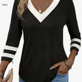 Women’s Contrast Trim V Neck Tee - 3/4 Sleeve Casual Top   OAXG 