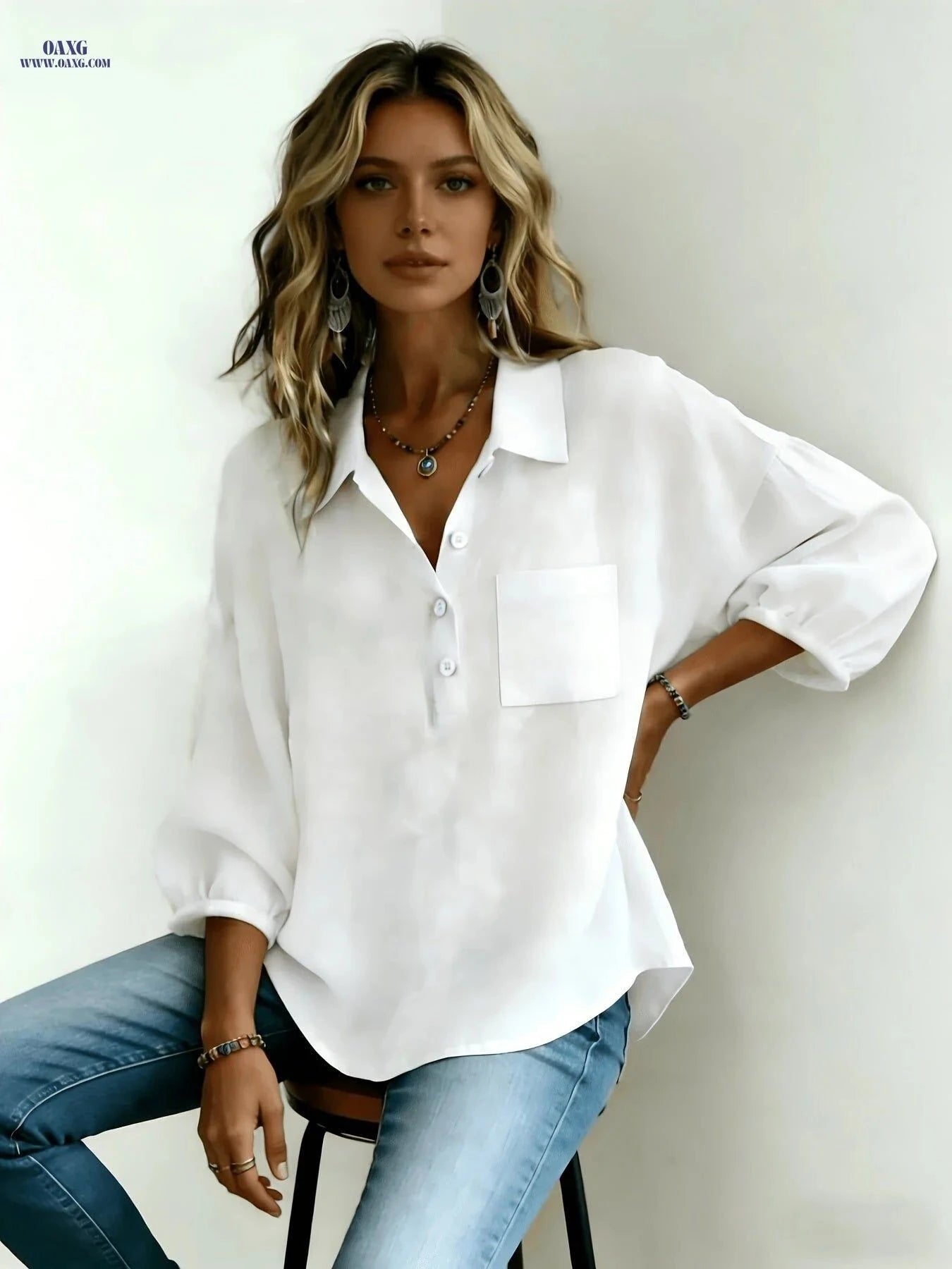 Women's Cotton Lapel Collar Shirt - Elegant, Three-Quarter Sleeve Top   OAXG White / S