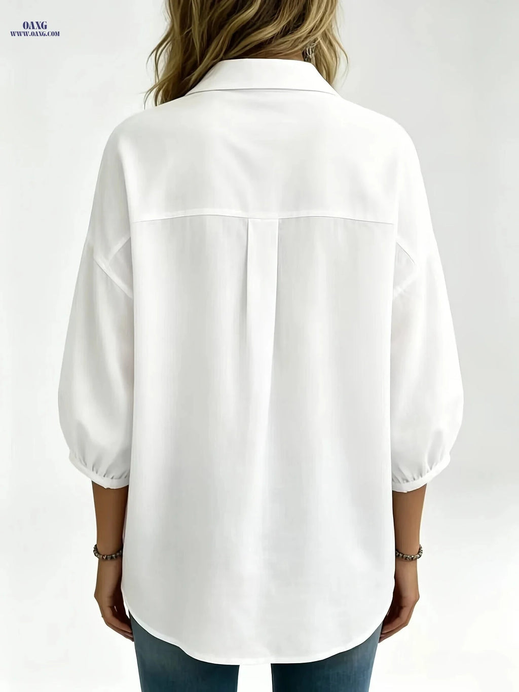 Women's Cotton Lapel Collar Shirt - Elegant, Three-Quarter Sleeve Top   OAXG White / S