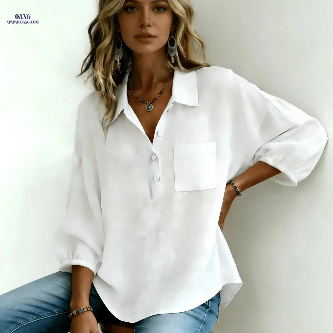 Women's Cotton Lapel Collar Shirt - Elegant, Three-Quarter Sleeve Top   OAXG White / S