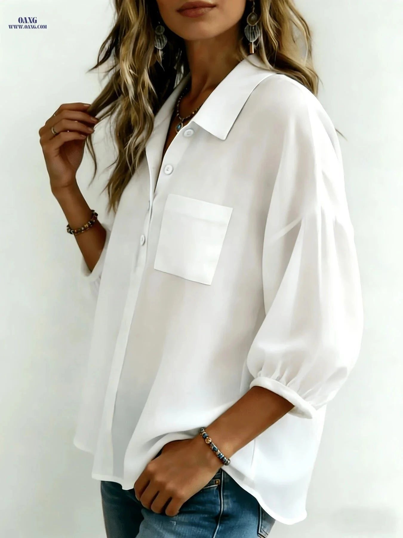 Women's Cotton Lapel Collar Shirt - Elegant, Three-Quarter Sleeve Top   OAXG White / S