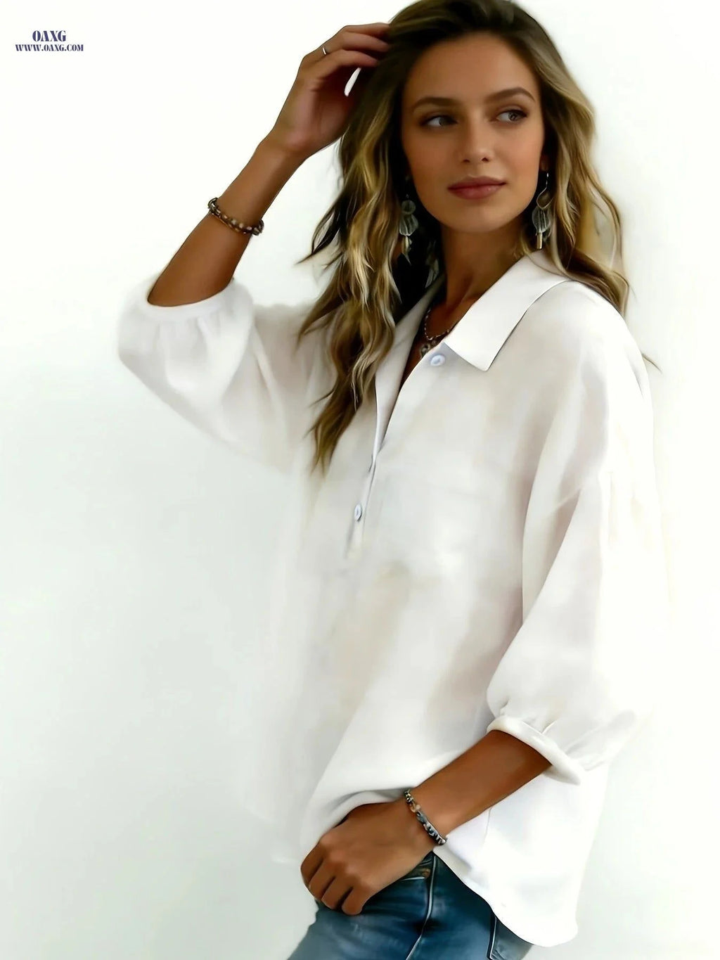 Women's Cotton Lapel Collar Shirt - Elegant, Three-Quarter Sleeve Top   OAXG White / S