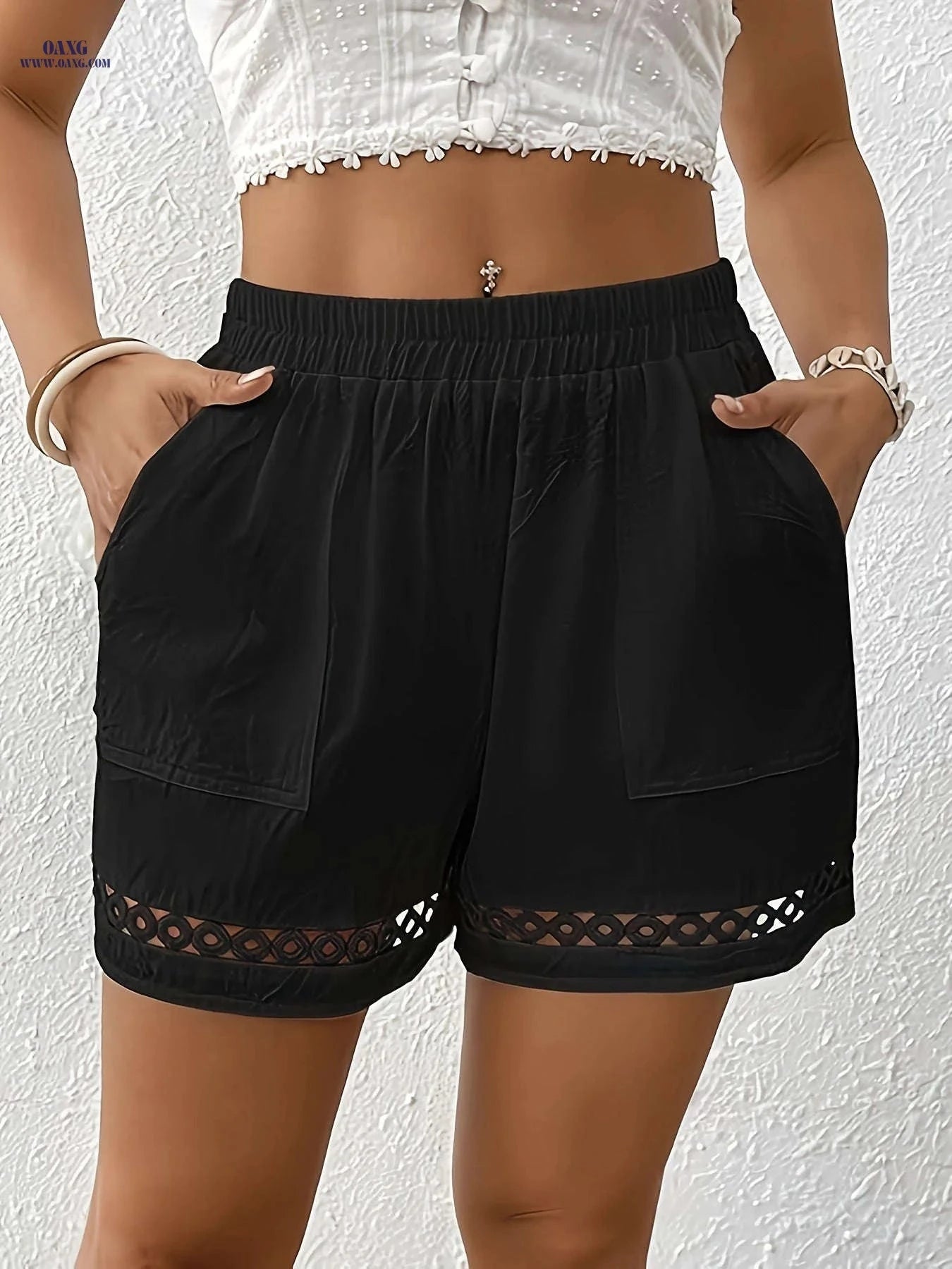 Women's Cotton Shorts with Pocket - Elegant Lace & Elastic Waistband   OAXG 