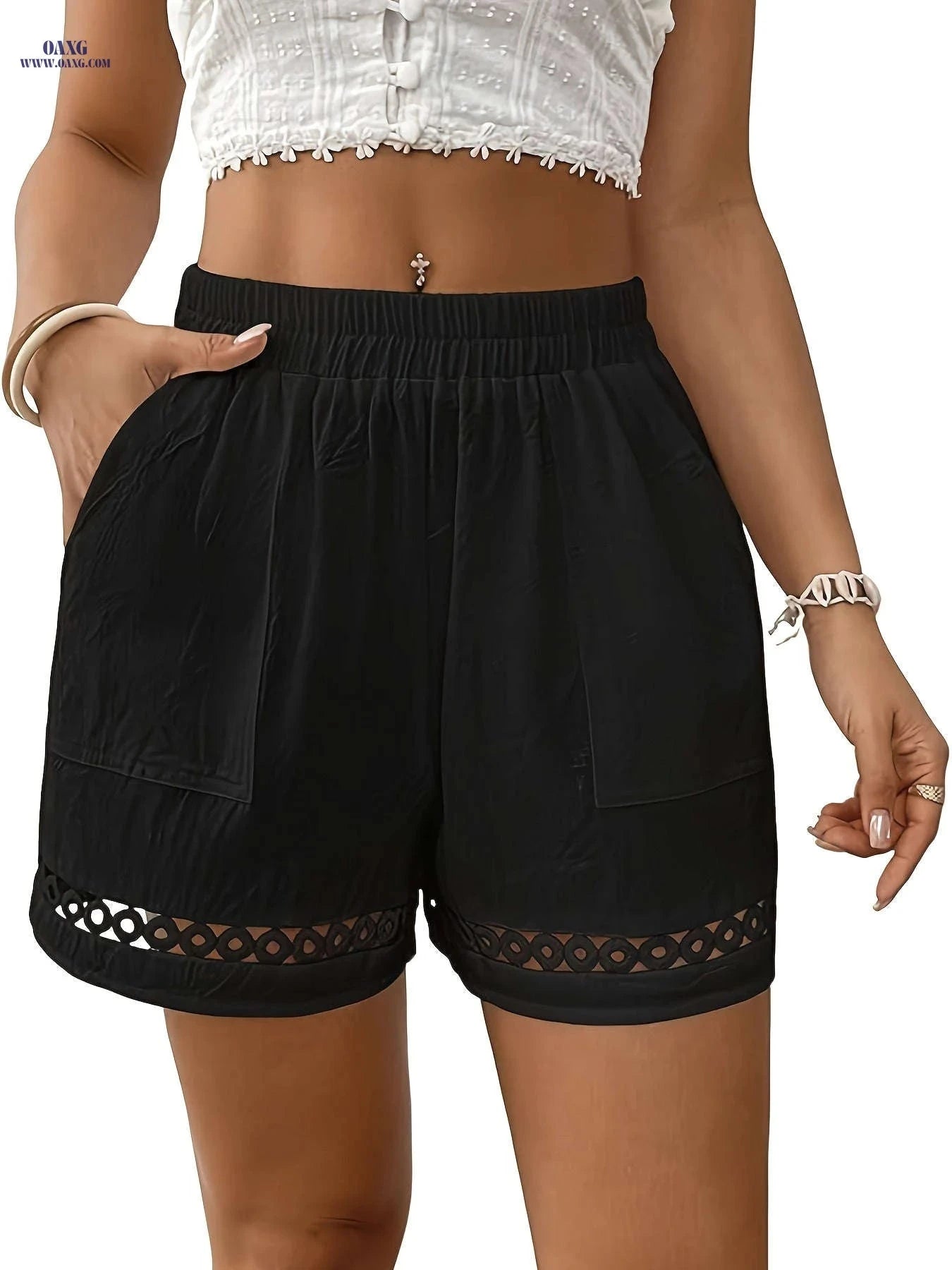 Women's Cotton Shorts with Pocket - Elegant Lace & Elastic Waistband   OAXG 