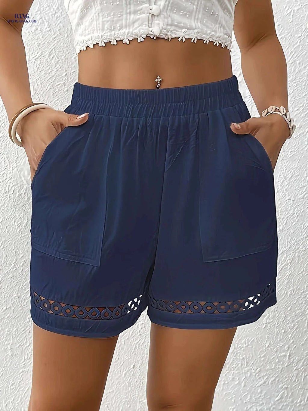 Women's Cotton Shorts with Pocket - Elegant Lace & Elastic Waistband   OAXG 