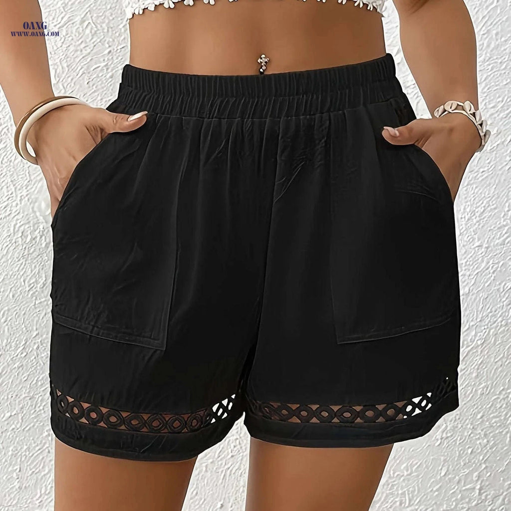 Women's Cotton Shorts with Pocket - Elegant Lace & Elastic Waistband   OAXG 