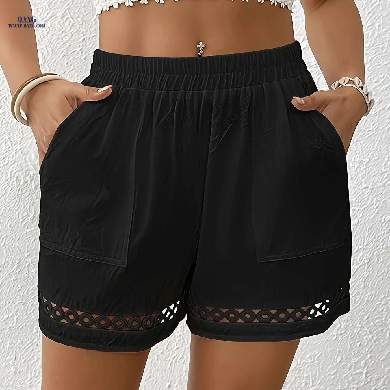 Women's Cotton Shorts with Pocket - Elegant Lace & Elastic Waistband   OAXG 