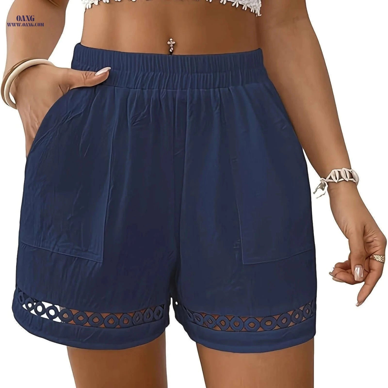 Women's Cotton Shorts with Pocket - Elegant Lace & Elastic Waistband   OAXG 