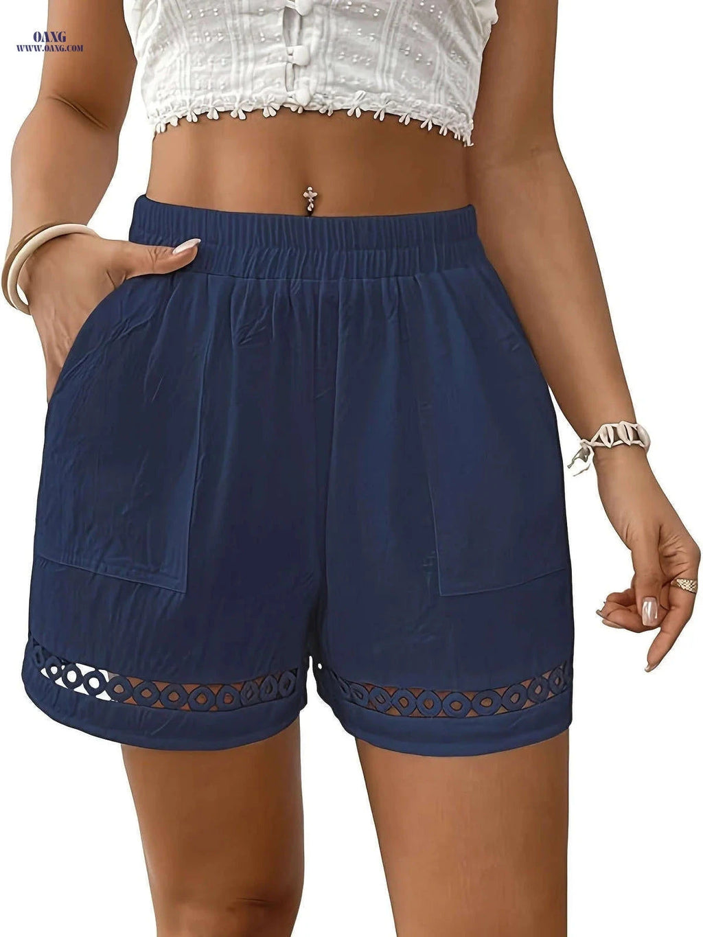 Women's Cotton Shorts with Pocket - Elegant Lace & Elastic Waistband   OAXG 