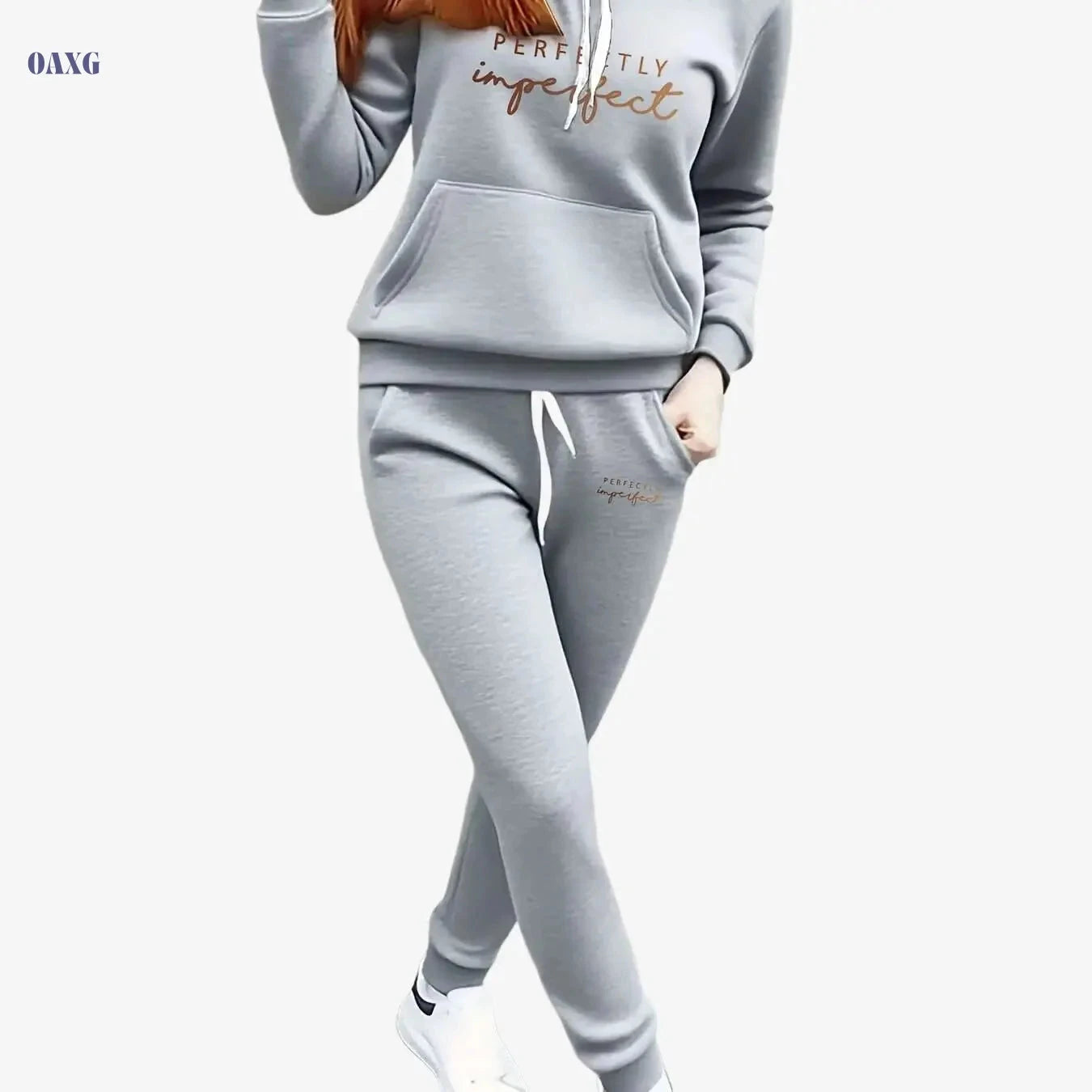 Women's Cozy Fleece Hoodie & Jogger Set - Beige Geometric Print   OAXG 