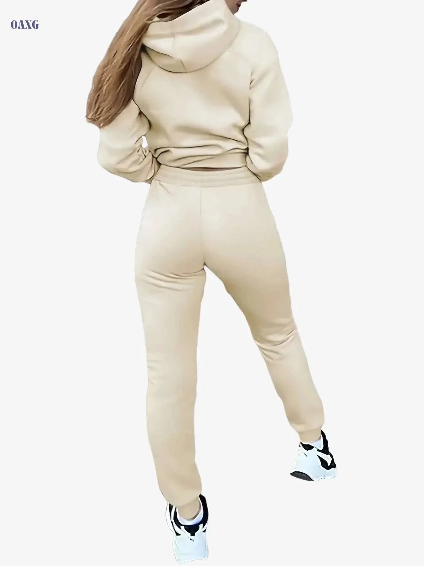 Women's Cozy Fleece Hoodie & Jogger Set - Beige Geometric Print   OAXG Grey / S