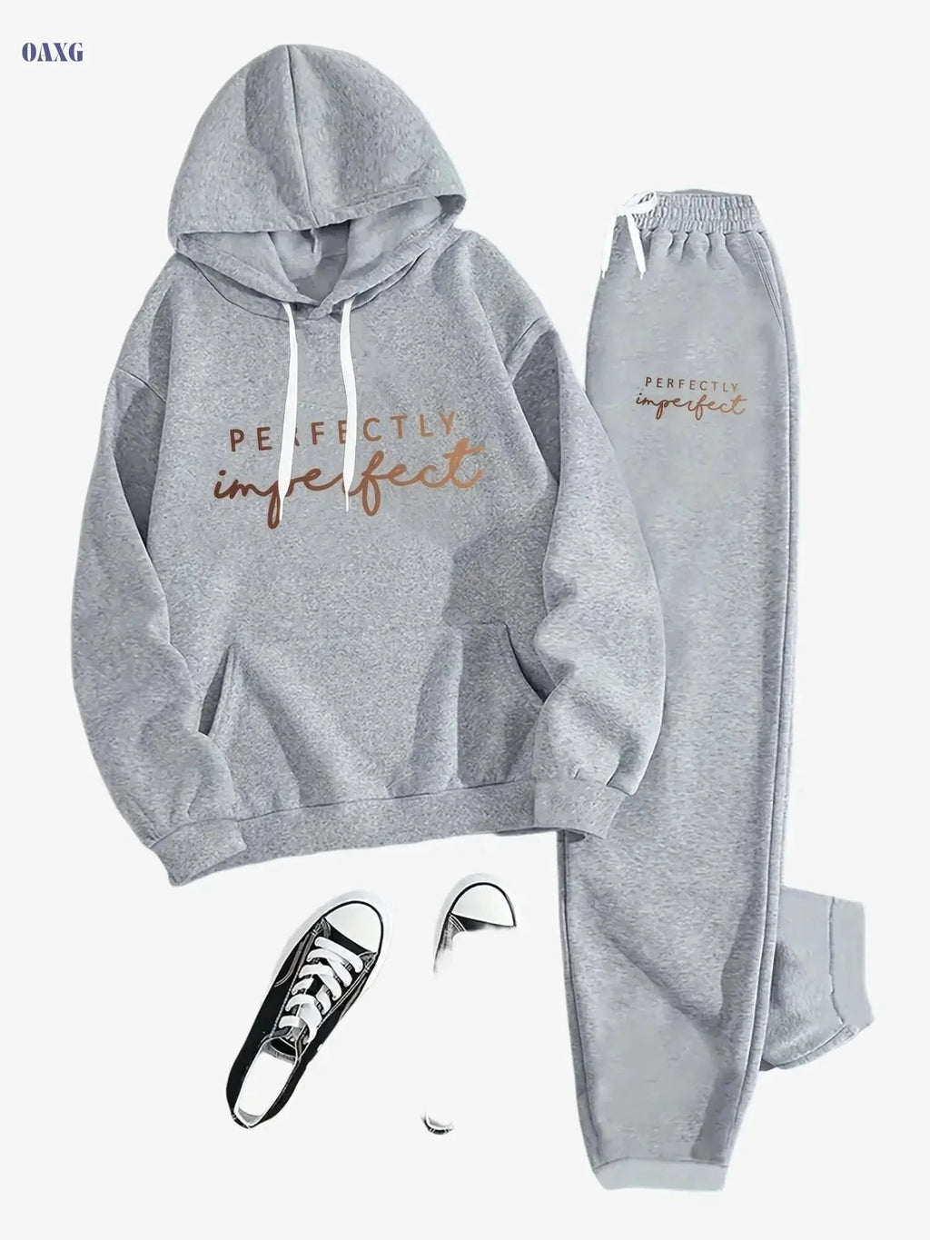 Women's Cozy Fleece Hoodie & Jogger Set - Beige Geometric Print   OAXG Grey / S