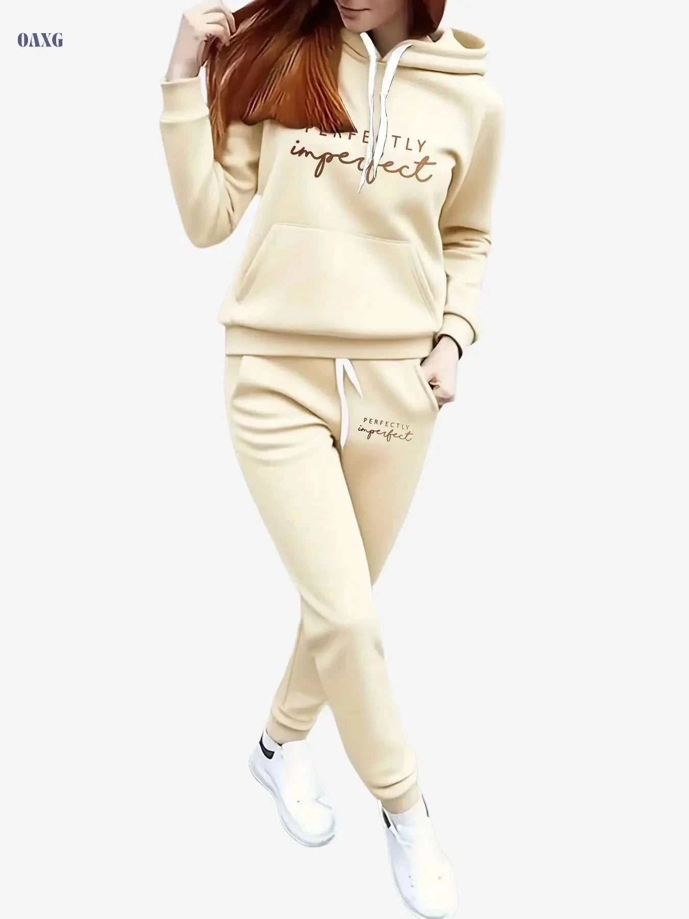 Women's Cozy Fleece Hoodie & Jogger Set - Beige Geometric Print   OAXG Grey / S