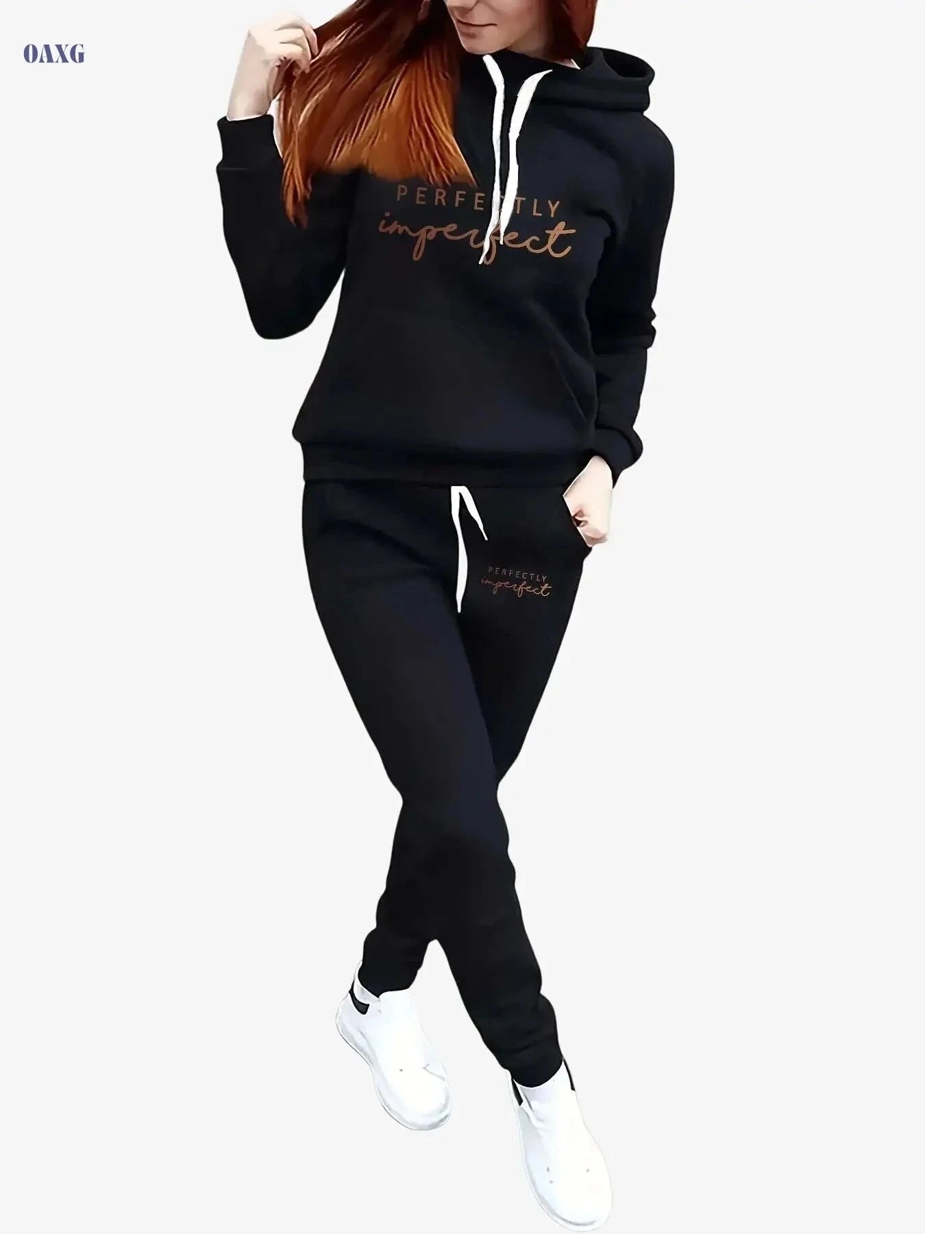 Women's Cozy Fleece Hoodie & Jogger Set - Beige Geometric Print   OAXG 