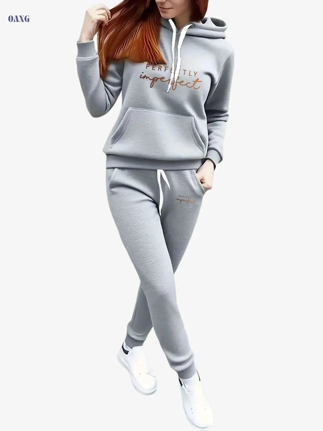 Women's Cozy Fleece Hoodie & Jogger Set - Beige Geometric Print   OAXG 