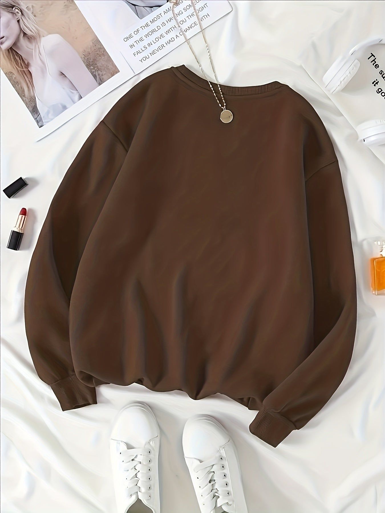 Women's Crewneck Sweatshirt - Brooklyn Letter Graphic Print Fashion   OAXG Coffee Brown / XS