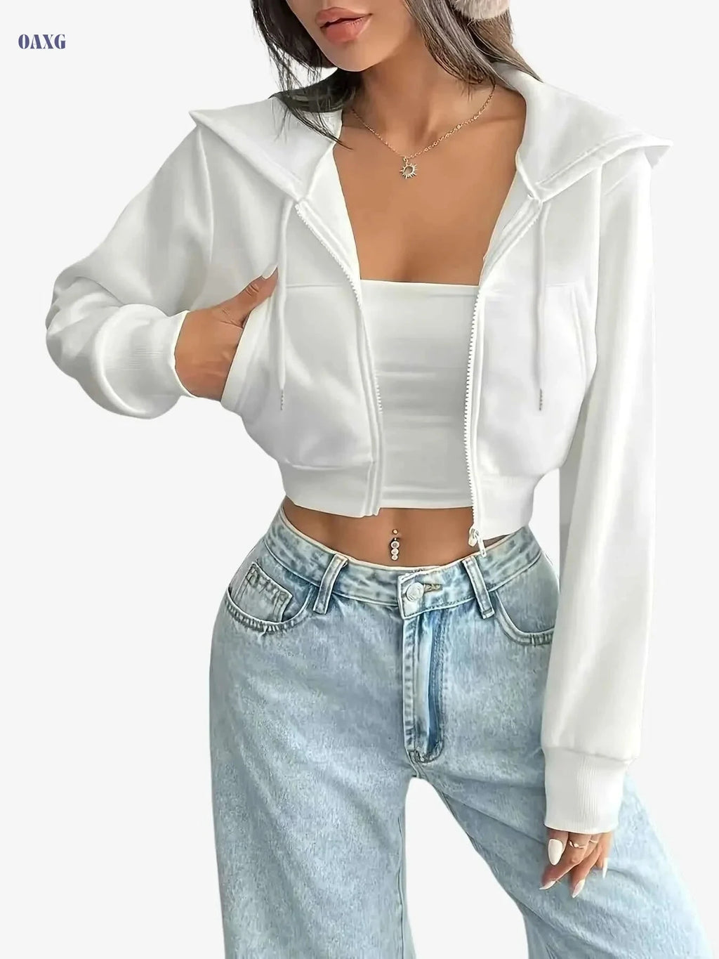 Women's Crop Hoodie Jacket - Ultra-Soft Zip-Up, All-Season Fashion   OAXG 