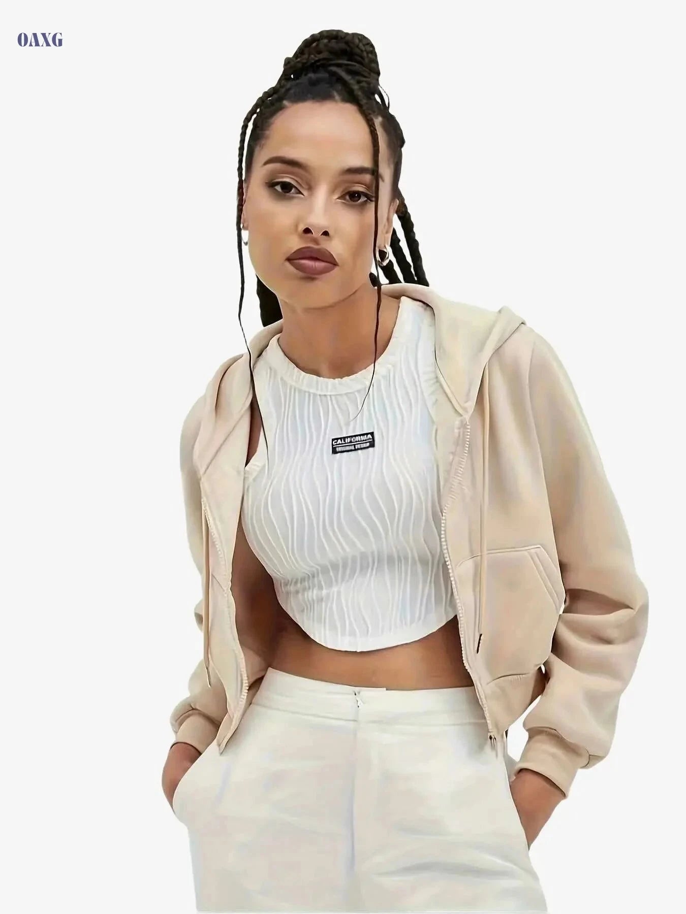 Women's Crop Hoodie Jacket - Ultra-Soft Zip-Up, All-Season Fashion   OAXG Light Grey / XS