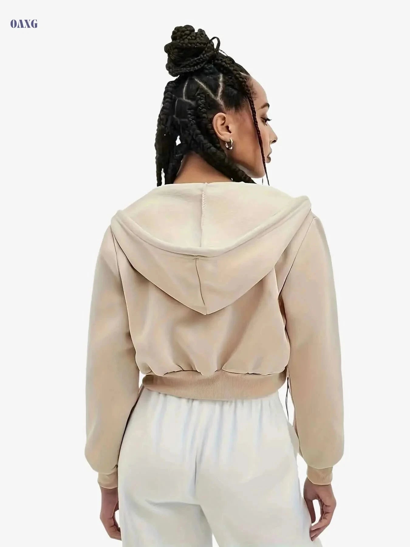 Women's Crop Hoodie Jacket - Ultra-Soft Zip-Up, All-Season Fashion   OAXG Light Grey / XS