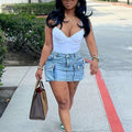 Women's Cute Button Denim Mini Skirt - Low Waist with Pockets   OAXG 