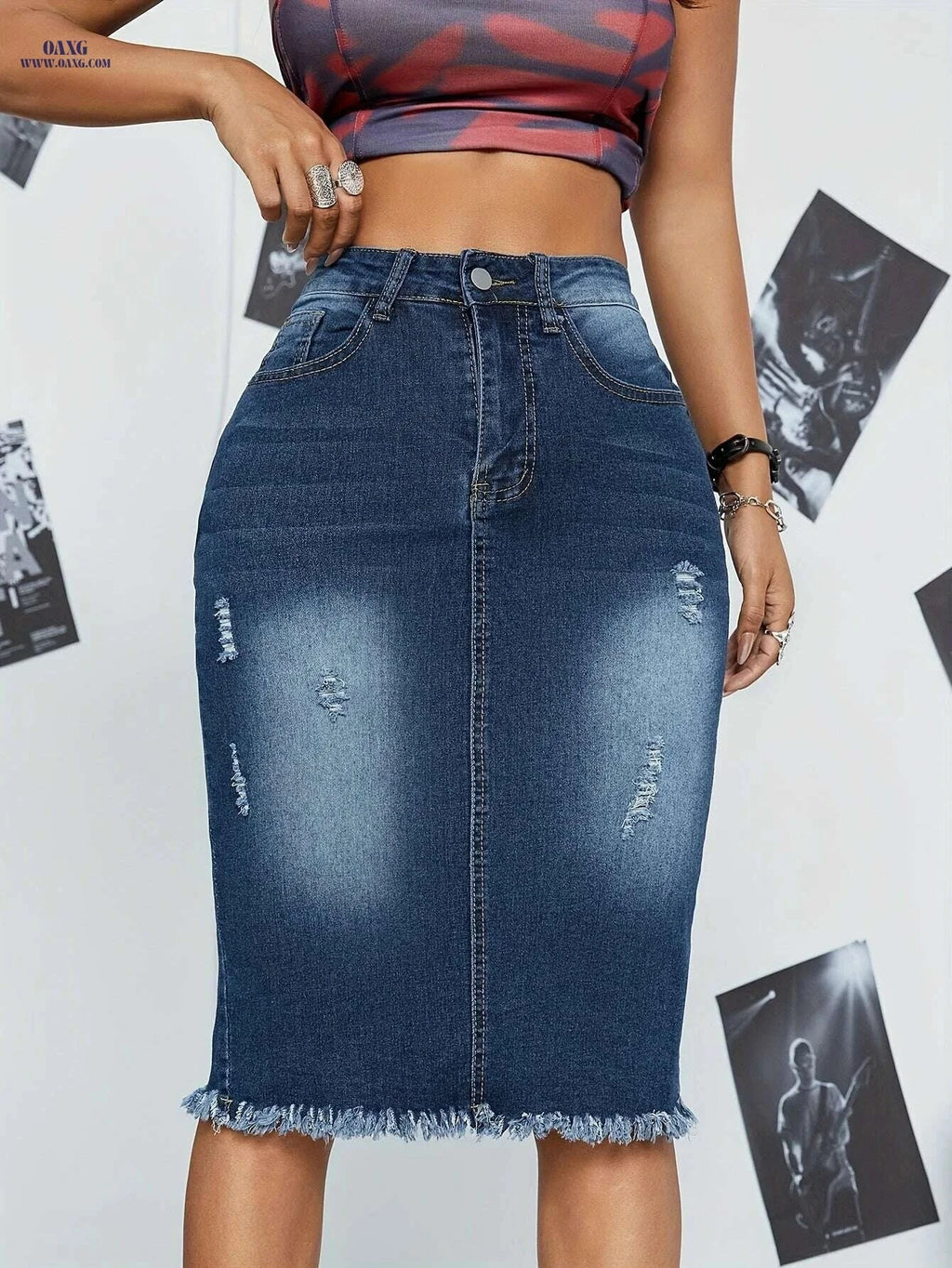 Women's Denim Midi Skirt - High-Waisted Casual with Pockets   OAXG Medium Blue / S