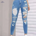 Women's Distressed Blue Denim Jeans - Slim Fit Ripped Casual Wear   OAXG Blue / XS