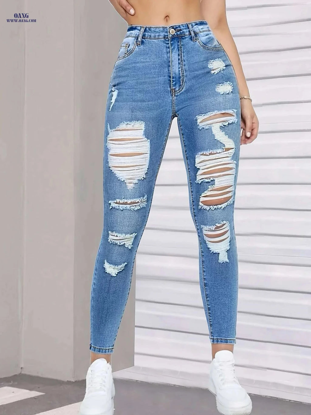 Women's Distressed Blue Denim Jeans - Slim Fit Ripped Casual Wear   OAXG Blue / XS