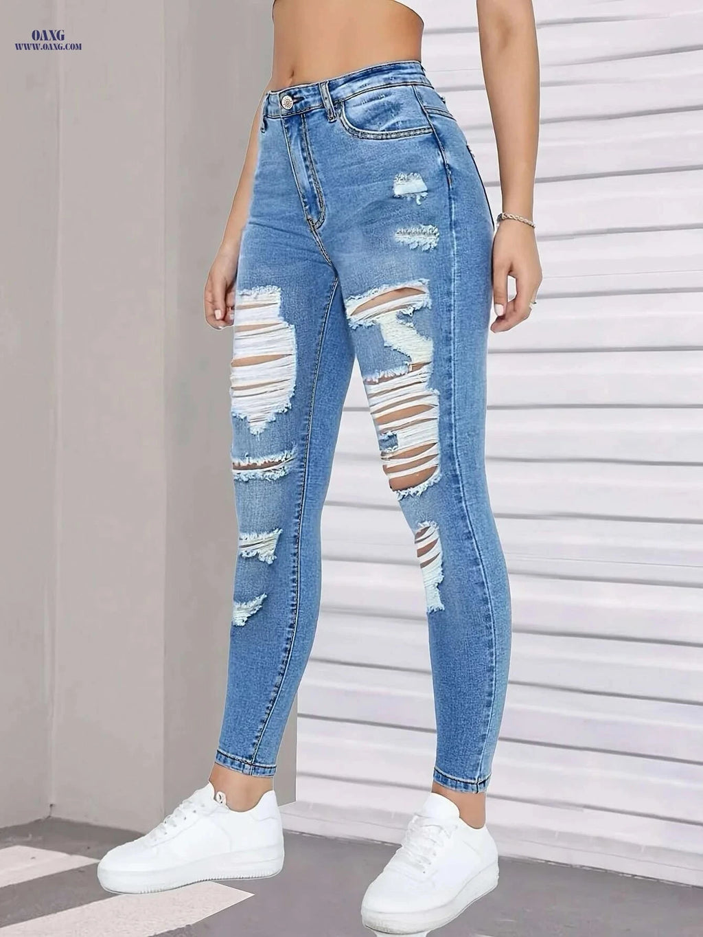 Women's Distressed Blue Denim Jeans - Slim Fit Ripped Casual Wear   OAXG Blue / XS
