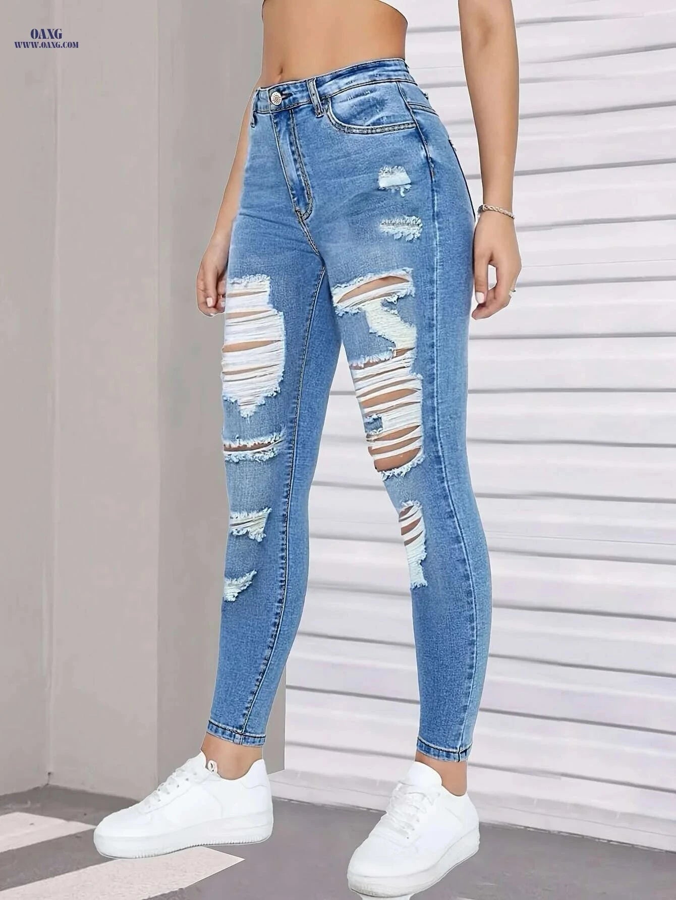 Women's Distressed Blue Denim Jeans - Slim Fit Ripped Casual Wear   OAXG Blue / XS