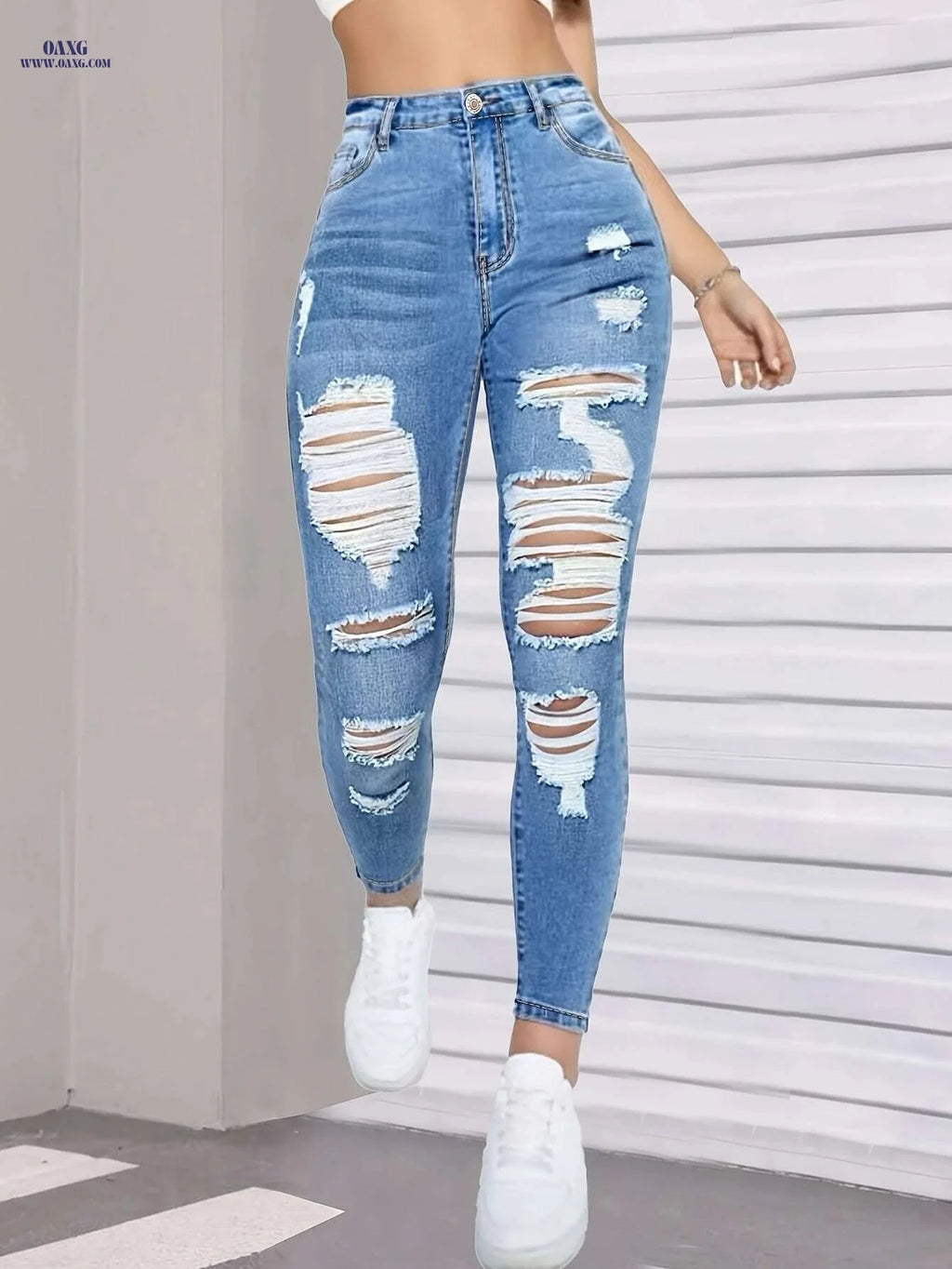 Women's Distressed Blue Denim Jeans - Slim Fit Ripped Casual Wear   OAXG Blue / XS
