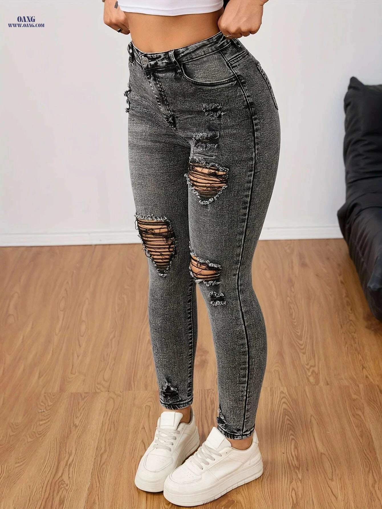 Women's Distressed Gray High-Waisted Skinny Jeans - Casual Fit   OAXG 