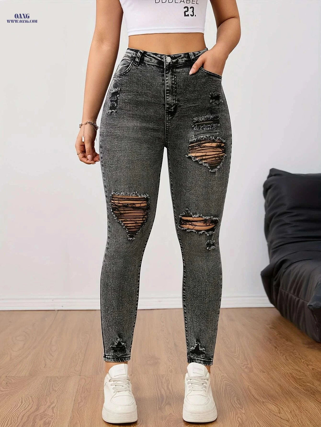 Women's Distressed Gray High-Waisted Skinny Jeans - Casual Fit   OAXG grey / XS