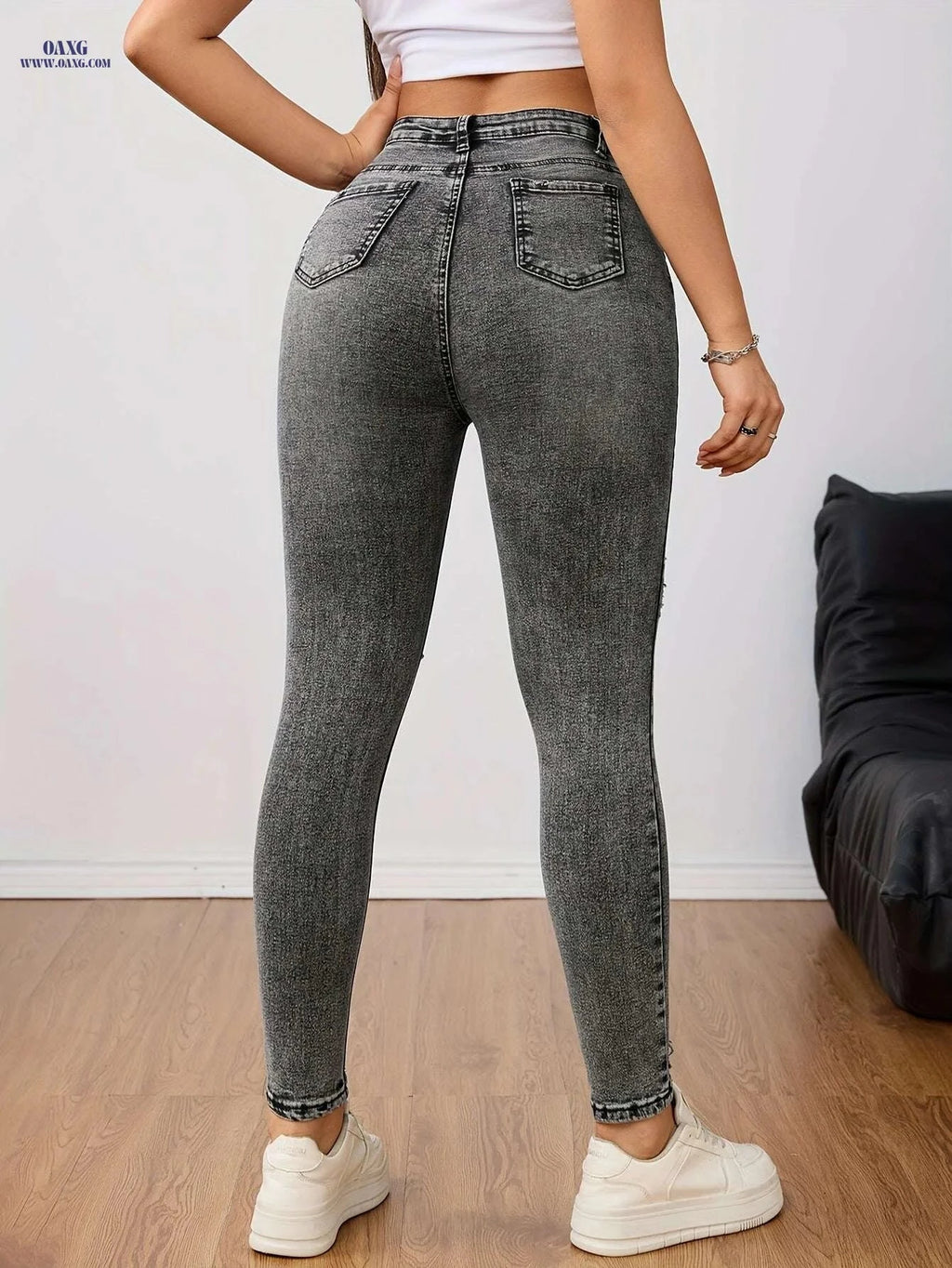 Women's Distressed Gray High-Waisted Skinny Jeans - Casual Fit   OAXG grey / XS