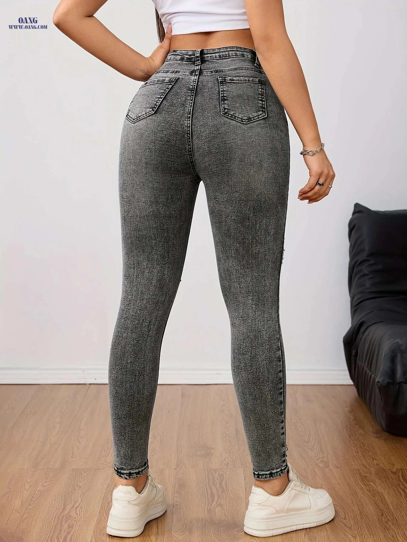 Women's Distressed Gray High-Waisted Skinny Jeans - Casual Fit   OAXG grey / XS